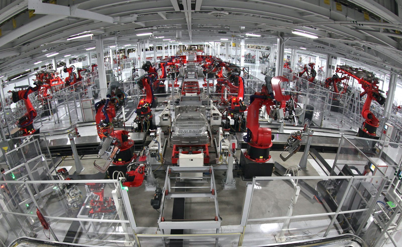 Tesla Motors automobile assembly line at the Fremont, California factory