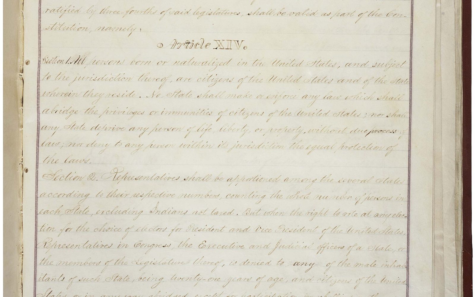 The handwritten enrolled joint resolution of the Fourteenth Amendment at the National Archives, showing Article XIV, Section 1 on birthright citizenship.