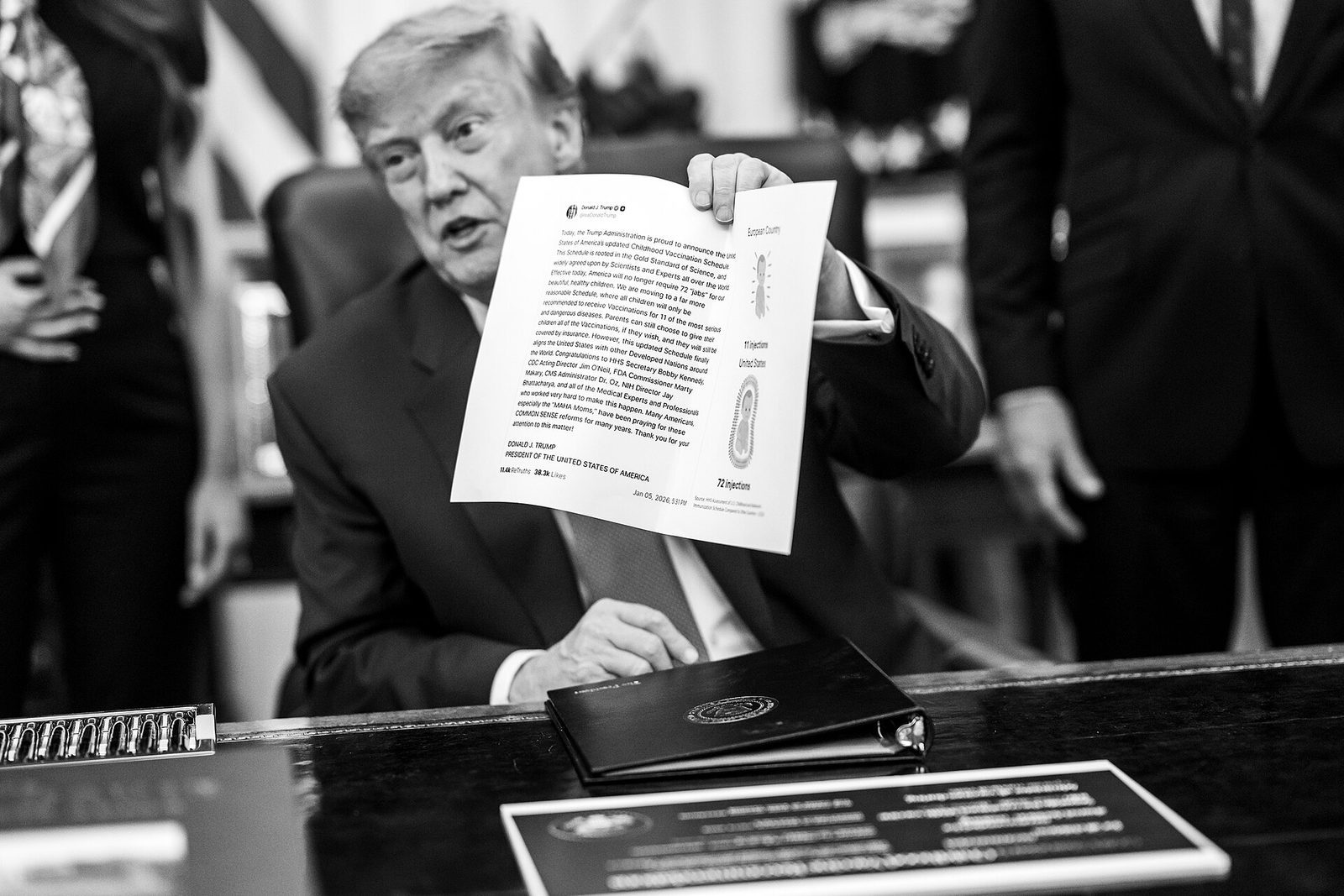 President Trump holds up the signed executive order on childhood vaccines at the Resolute Desk in the Oval Office on August 10, 2026.