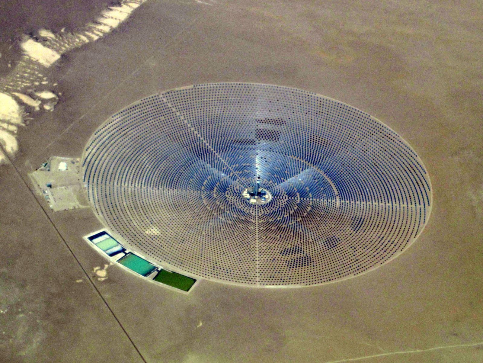 Aerial view of the Crescent Dunes concentrated solar energy project, Nevada, June 2017