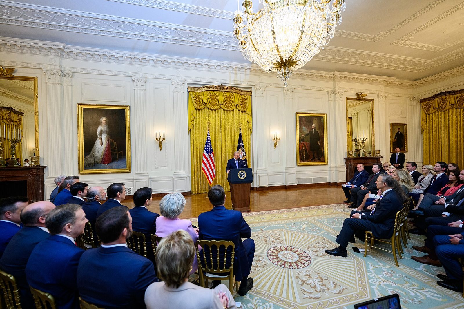 President Trump delivers his July 16, 2026 address to the nation from a lectern in the White House East Room before a seated audience.