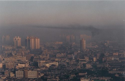 Heavy smog haze over Shanghai, China, December 1993