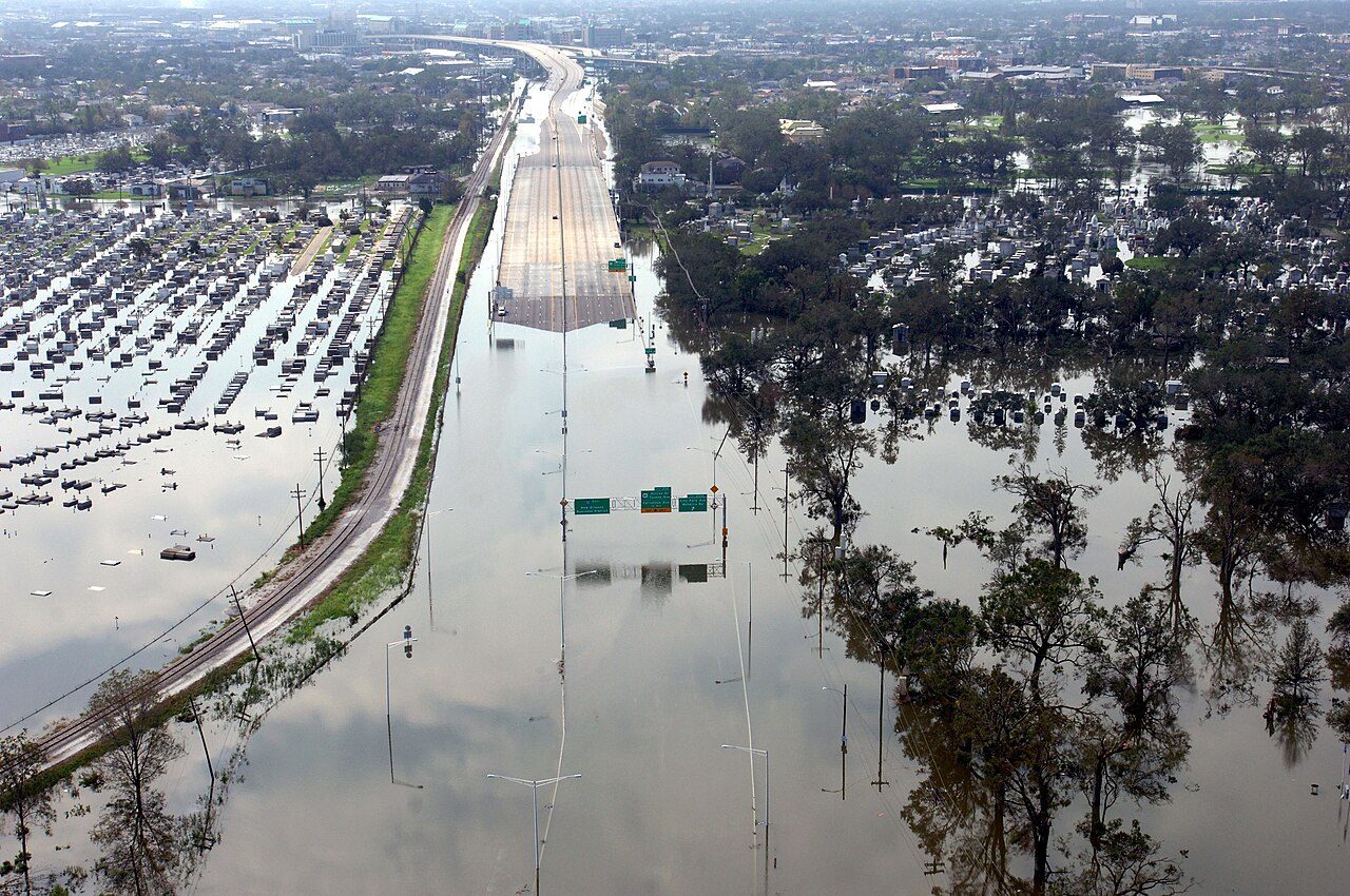 Aerial view of a flooded residential neighborhood after a hurricane.
