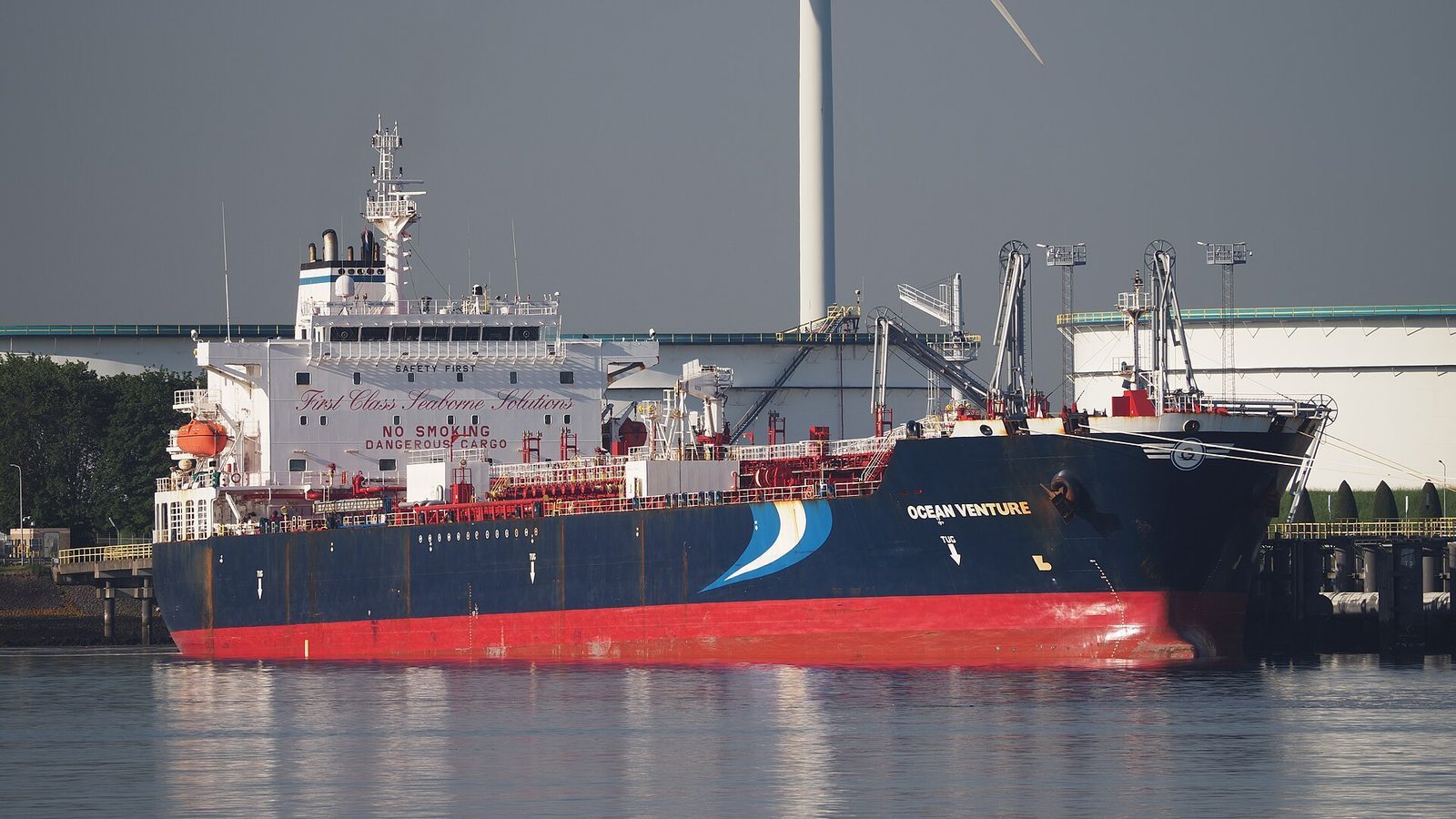 An oil and chemical tanker ship underway at sea.