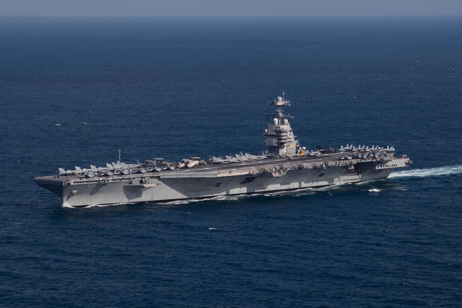 The aircraft carrier USS Gerald R. Ford steaming through the Atlantic Ocean during a straits transit exercise