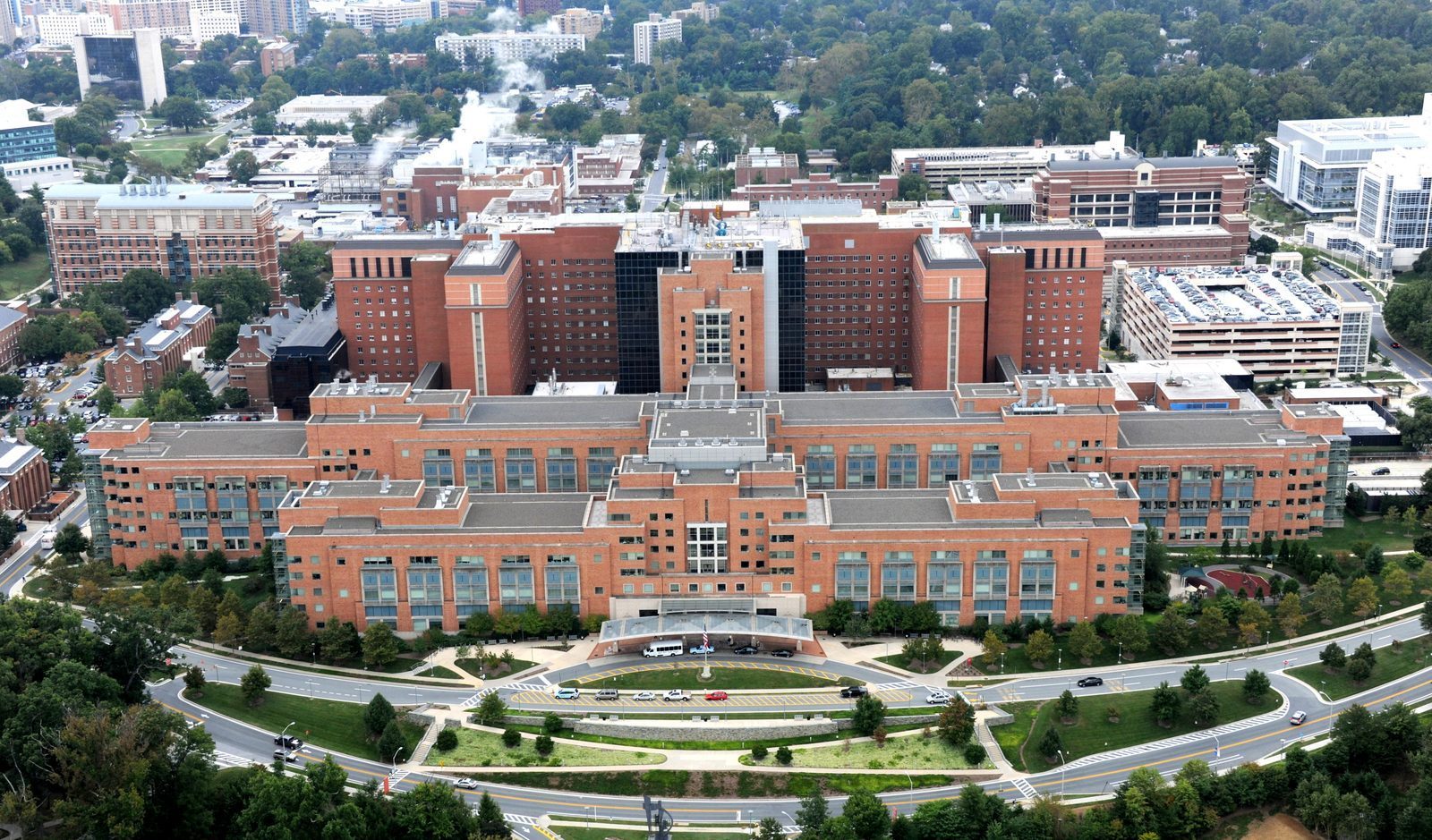 Aerial view of the NIH Clinical Center (Building 10) on the NIH campus in Bethesda, Maryland
