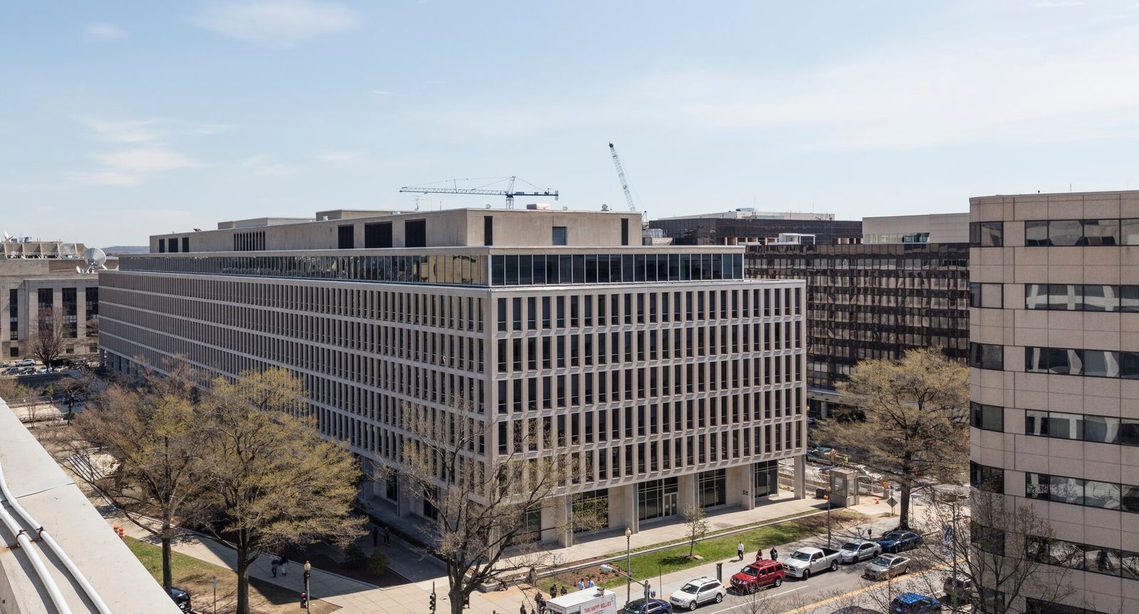 Elevated view of the Lyndon Baines Johnson Federal Building, headquarters of the U.S. Department of Education, in Washington, D.C.