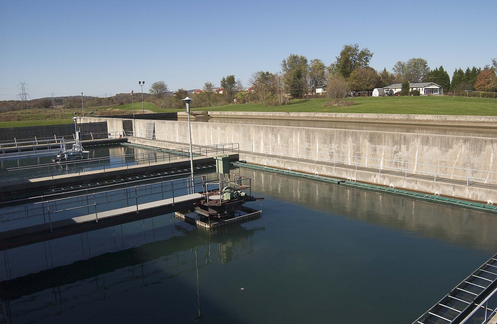 Open-air coagulation and filtration basins at a municipal drinking-water treatment plant.
