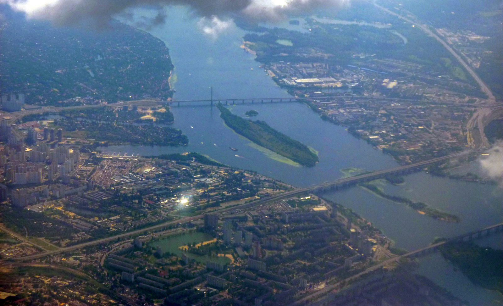 Aerial view of Kyiv, Ukraine showing the city's urban landscape and the Dnipro River