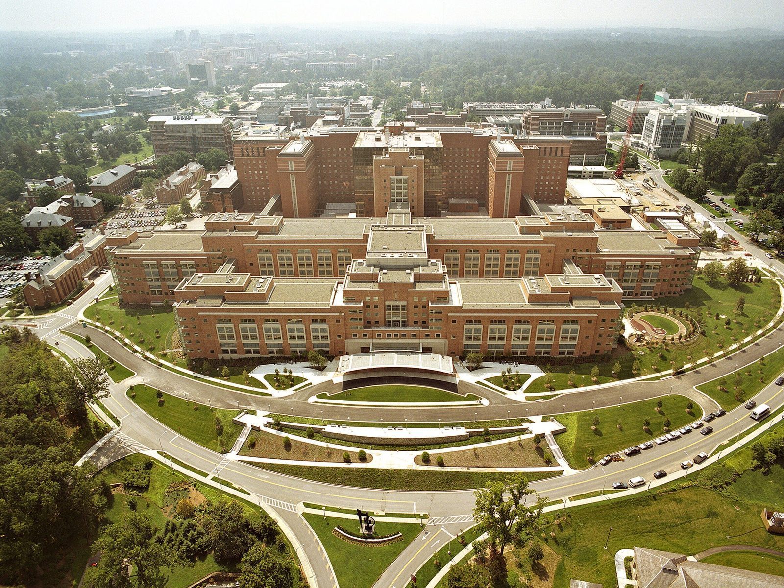 Aerial view of the NIH Clinical Research Center, Bethesda, Maryland