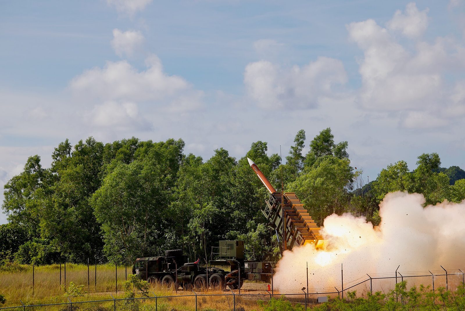 A U.S. Army Patriot launcher fires a PAC-2 interceptor missile during a 2025 live-fire exercise in Palau.