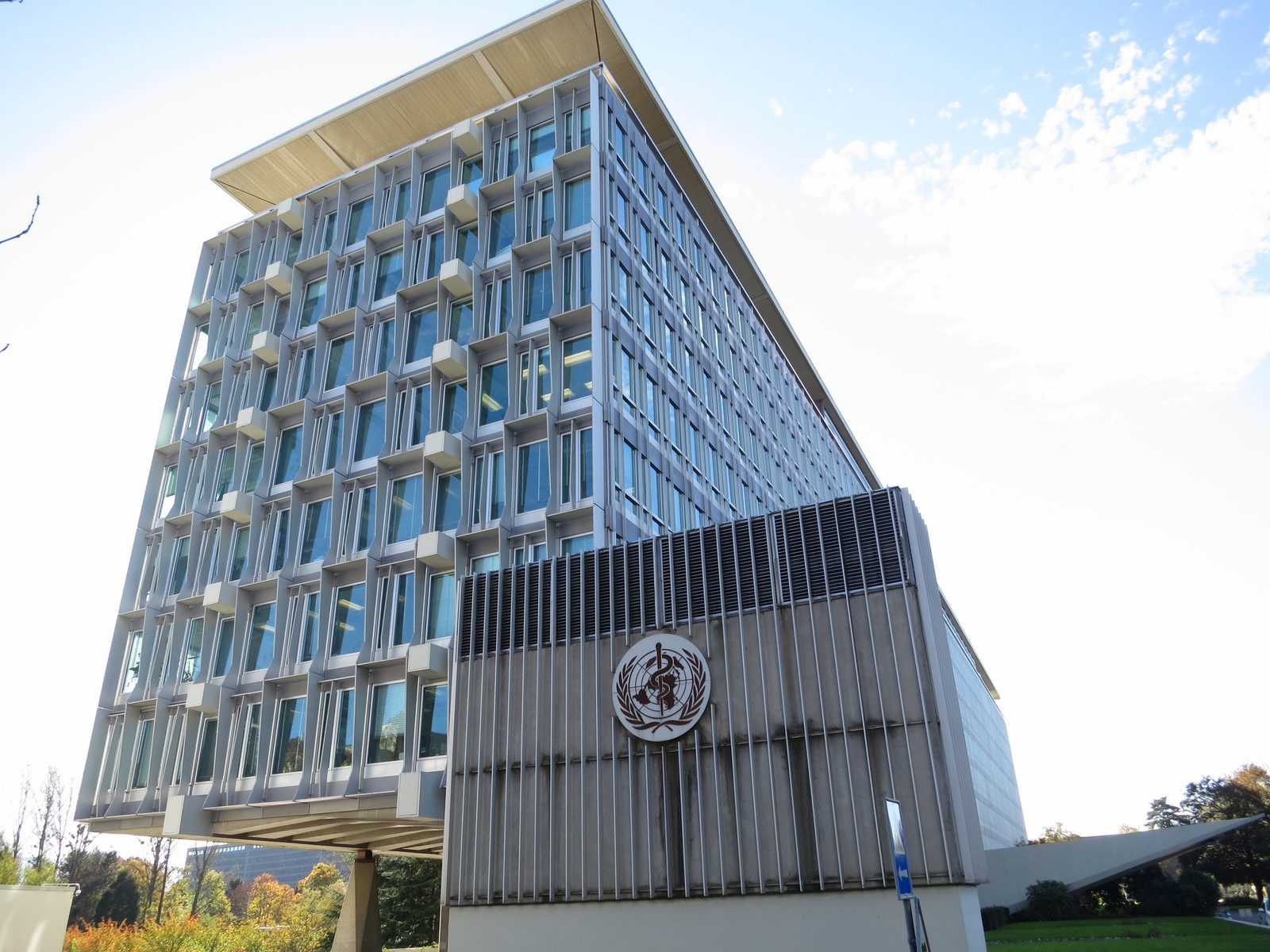 WHO headquarters main building in Geneva, Switzerland, viewed from the north